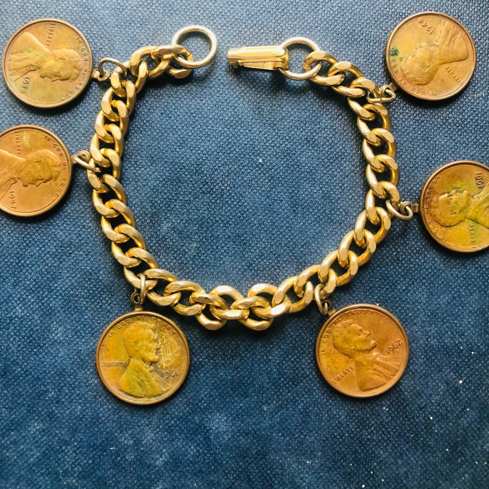 Vintage 50´s gold tone penny charm bracelet